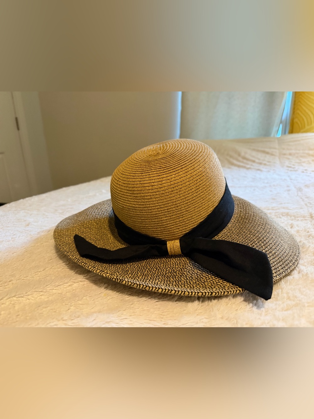 Wide Brim Straw Sun Hat with Black Ribbon